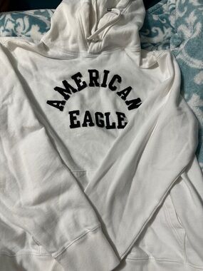 Vintage American Eagle White Hoodie with Black Lettering Size Medium
